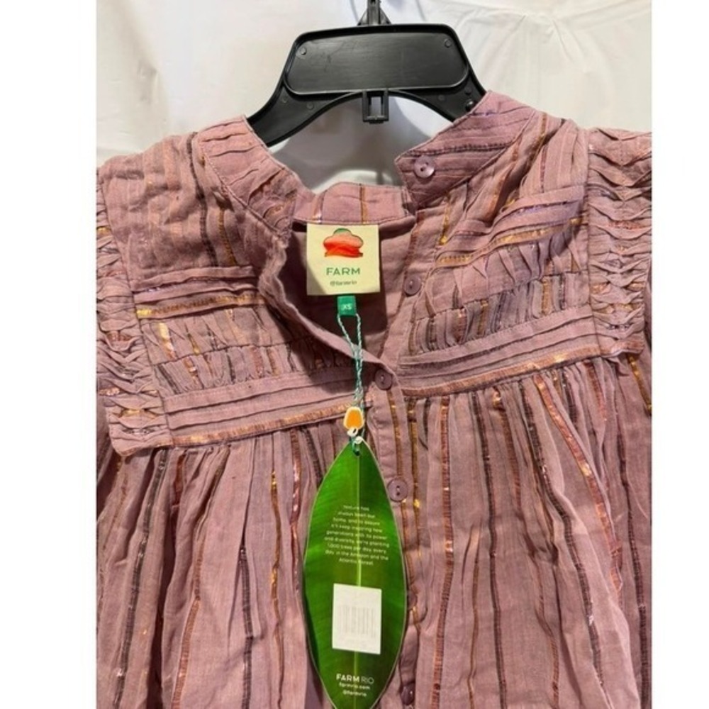 FARM Rio Burgundy Pleated Yoke Long Sleeve Blouse Pink Metallc Gold Size XS NWT - Picture 4 of 4